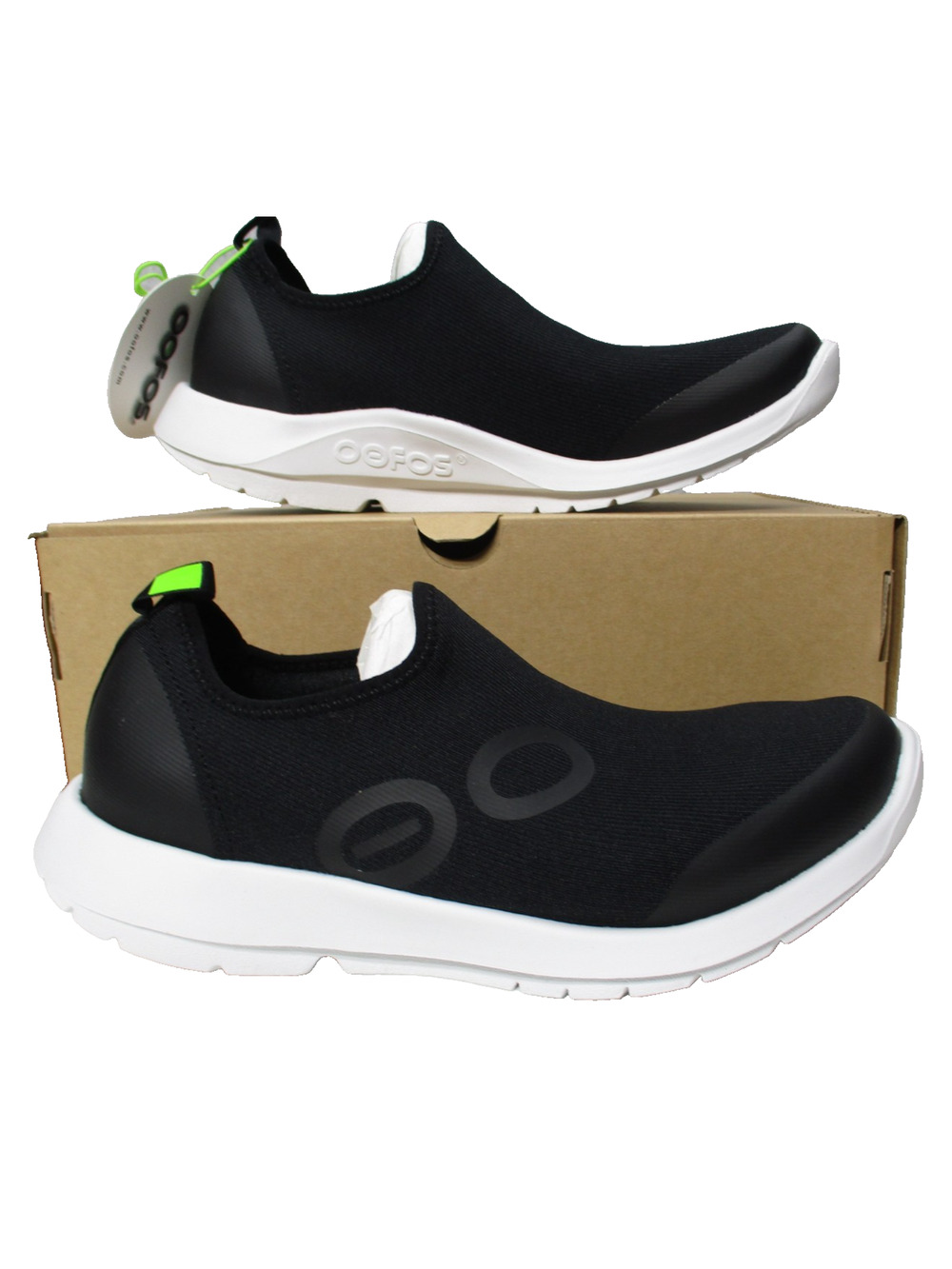OOFOS OOMG Sport Stretch Black White Slip On Shoes Lace Womens Sz 9